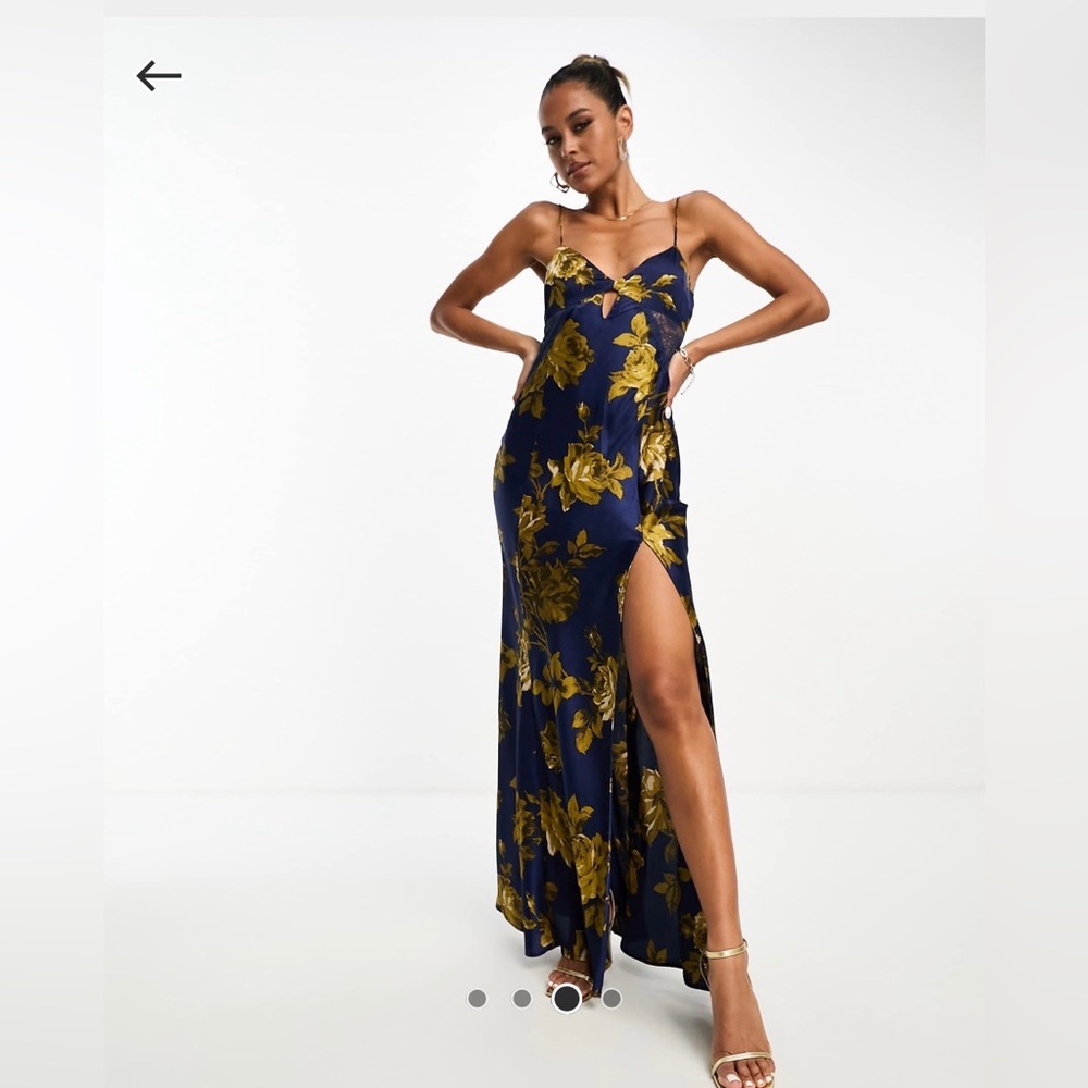 ASOS DESIGN satin lace insert keyhole maxi dress in navy floral print